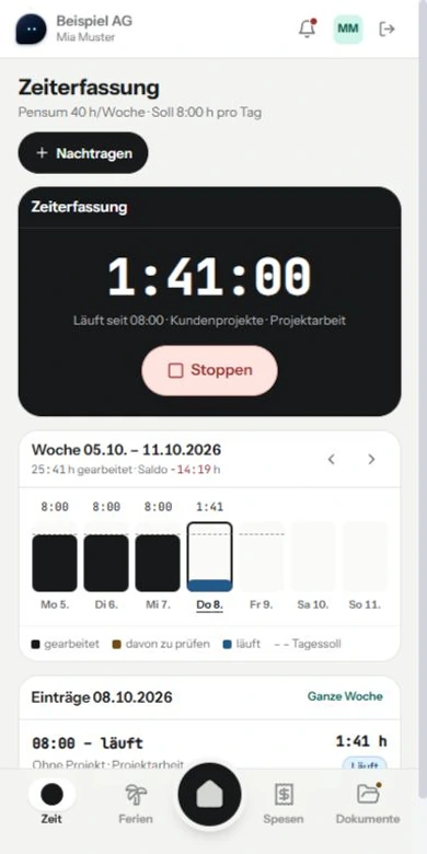 Mitarbeiter-App: laufende Zeiterfassung und Wochenübersicht
