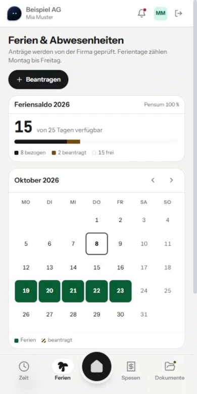 Mitarbeiter-App: Feriensaldo und Kalender